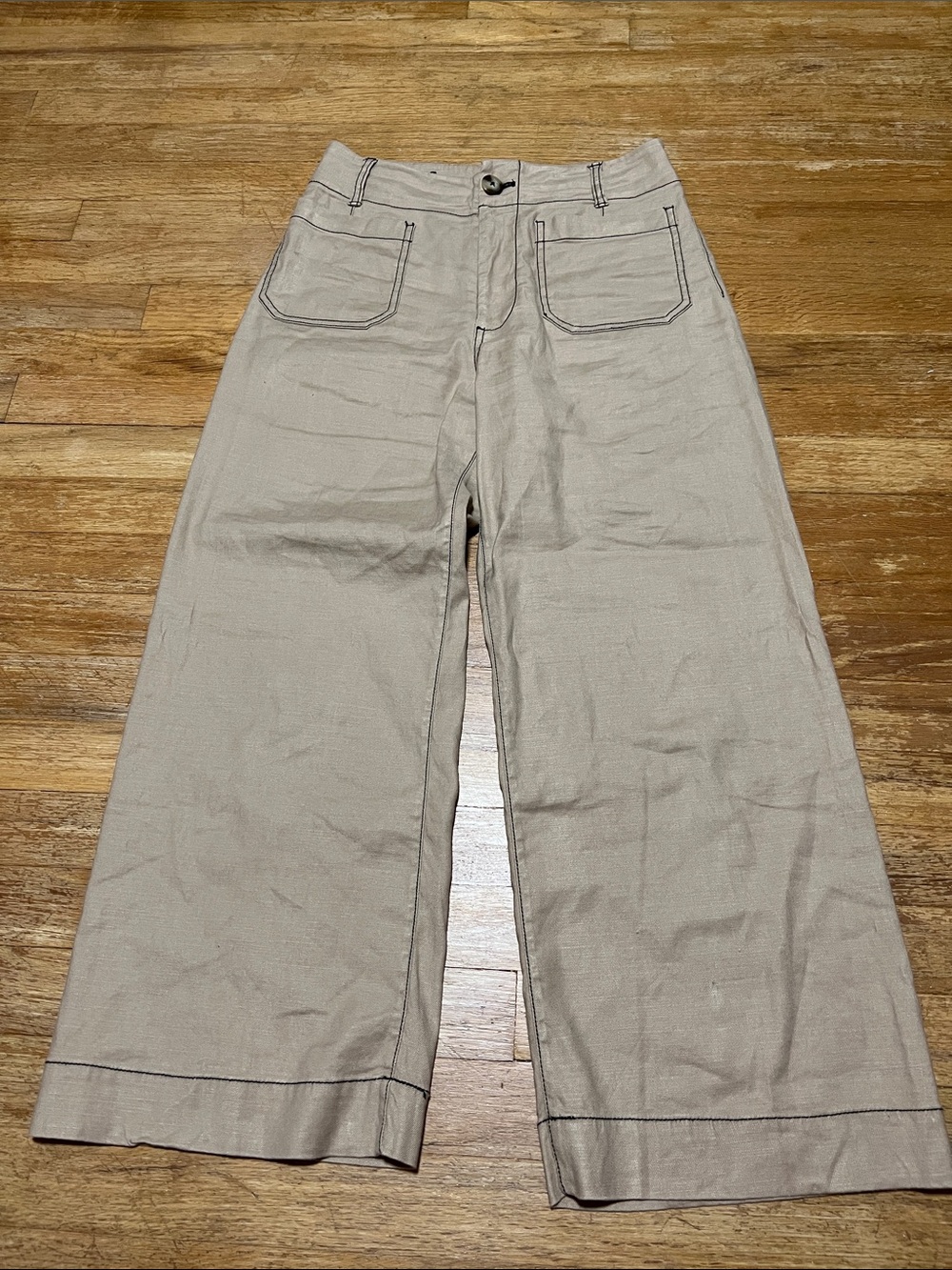 Maeve The Colette Wide Leg Crop Pants Linen Blend Camel Tan Contrast Trim 28